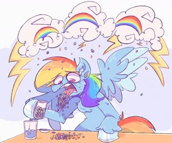 Size: 1530x1272 | Tagged: safe, artist:burgivore, imported from derpibooru, rainbow dash, pegasus, pony, adderall, drugs, glass, glass of water, hooves, looking down, pills, solo, tongue out, wings