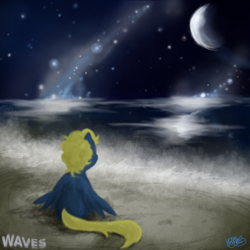 Size: 1000x1000 | Tagged: artist needed, safe, imported from derpibooru, oc, oc only, oc:synthis, pegasus, pony, album cover, beach, moon, night, ocean, rear view, sitting, solo, water, wings, wings down