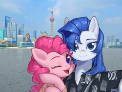 Size: 1000x750 | Tagged: safe, artist:snail 9, imported from derpibooru, pinkie pie, oc, oc:ray frok, earth pony, pony, canon x oc, china, clothes, couple, one eye closed, photo, shanghai, wink