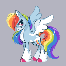 Size: 2500x2500 | Tagged: safe, artist:buttersflutterscotch, imported from derpibooru, rainbow dash, pegasus, pony, colored hooves, countershading, feathered fetlocks, gray background, simple background, smiling, smirk, solo, twitterina design