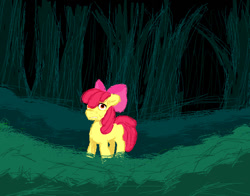 Size: 699x548 | Tagged: safe, artist:kroissantkats, imported from derpibooru, apple bloom, earth pony, pony, story of the blanks, female, filly, foal, forest, ms paint, scared, solo