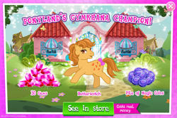 Size: 1960x1301 | Tagged: safe, idw, imported from derpibooru, butterscotch (g1), earth pony, pony, advertisement, bow, english, female, g1, g4, gameloft, gem, idw showified, magic coins, mare, mobile game, my little pony: magic princess, numbers, official, sale, solo, solo focus, tail, tail bow, text