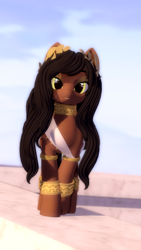 Size: 2160x3840 | Tagged: safe, imported from derpibooru, oc, pegasus, pony, anklet, armlet, beauty mark, black mane, brown fur, clothes, eyeshadow, female, golden eyes, greek clothes, jewelry, laurel wreath, long mane, looking at you, makeup, mare, necklace, open pony, pegasus oc, second life, smiling, wings