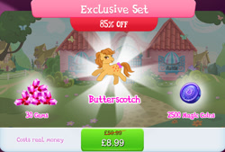 Size: 1268x858 | Tagged: safe, idw, imported from derpibooru, butterscotch (g1), earth pony, pony, bow, bundle, english, female, g1, g4, gameloft, gem, idw showified, magic coins, mare, mobile game, my little pony: magic princess, numbers, official, sale, solo, solo focus, tail, tail bow, text