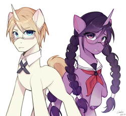 Size: 2165x1993 | Tagged: safe, artist:xiaowu07, imported from derpibooru, pony, unicorn, anime, byakuya togami, danganronpa, duo, duo male and female, female, glasses, male, mare, ponytail, simple background, stallion, toko fukawa, white background