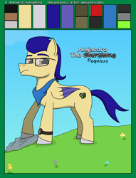 Size: 1250x1635 | Tagged: safe, artist:alejandrogmj, imported from derpibooru, oc, oc:alejandrogmj, pegasus, pony, clock, clothes, disguise, disguised changeling, glasses, pegasus oc, reference sheet, scarf, wings