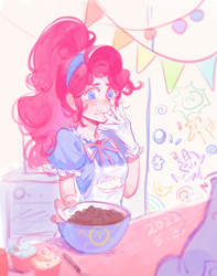 Size: 1200x1519 | Tagged: safe, artist:jsdhwdmax028, imported from derpibooru, pinkie pie, human, equestria girls, apron, clothes, cupcake, food, gloves, hairband, photo, ponytail, solo