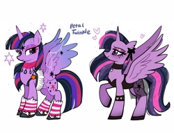 Size: 2048x1623 | Tagged: safe, artist:petaltwinkle, imported from derpibooru, twilight sparkle, alicorn, pony, choker, clothes, emo, female, heart, heart eyes, leg warmers, lidded eyes, mare, ribbon, see-through, see-through skirt, shoes, simple background, skirt, smiling, solo, spread wings, twilight sparkle (alicorn), white background, wingding eyes, wings