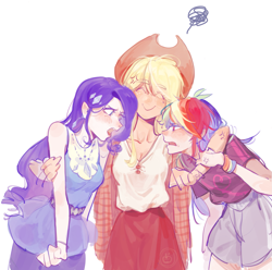 Size: 2165x2149 | Tagged: safe, artist:jsdhwdmax028, imported from derpibooru, applejack, rainbow dash, rarity, human, equestria girls, angry, clothes, eyes closed, frown, hairpin, hat, jewelry, looking at each other, looking at someone, necklace, open mouth, shorts, simple background, skirt, smiling, trio, white background