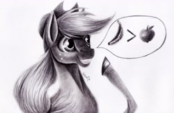 Size: 4875x3166 | Tagged: safe, artist:cahandariella, imported from derpibooru, applejack, earth pony, pony, apple, banana, bust, food, hat, meme, pencil drawing, portrait, solo, sternocleidomastoid, traditional art