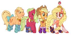 Size: 3156x1553 | Tagged: safe, artist:calibykitty, artist:darktailsko, imported from derpibooru, applejack, applejack (g1), applejack (g3), earth pony, pony, applejack (g5 concept leak), applejack's hat, bow, clothes, cowboy hat, crown, ear piercing, earring, element of honesty, female, freckles, g1, g3, g4, g5, g5 concept leaks, grin, hair bow, hat, jewelry, mare, markings, mlp fim's thirteenth anniversary, open mouth, piercing, raised hoof, regalia, simple background, smiling, socks, stockings, thigh highs, transparent background, unshorn fetlocks