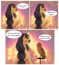 Size: 3424x3777 | Tagged: safe, artist:fridagloria, imported from derpibooru, oc, oc only, oc:kalistas, oc:ro, alicorn, bird, owl, pony, comic, dialogue, duo, eyes closed, female, high res, mare, speech bubble