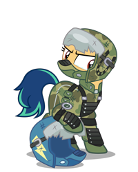 Size: 4000x5000 | Tagged: safe, artist:gypsykumquat, imported from derpibooru, oc, oc only, oc:fiery stamp, earth pony, pony, .svg available, absurd resolution, alternate timeline, alternate universe, apocalypse, armor, clothes, costume, crystal war timeline, earth pony oc, female, halloween, halloween costume, helmet, holiday, inkscape, military, military uniform, show accurate, simple background, solo, svg, teary eyes, transparent background, uniform, vector, war