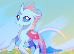 Size: 1906x1390 | Tagged: safe, artist:aureate serene, derpibooru exclusive, imported from derpibooru, ocellus, changedling, changeling, female, flower, hill, joyful, rainbow, sky, valley