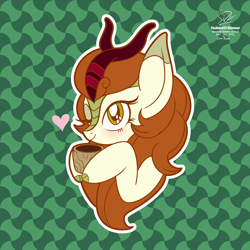 Size: 1920x1920 | Tagged: safe, artist:theratedrshimmer, imported from derpibooru, autumn blaze, kirin, pony, abstract background, awwtumn blaze, blushing, cup, cute, cuteness overload, female, heart, kirinbetes, one eye closed, solo, teacup, wink