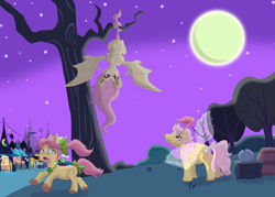 Size: 12928x9272 | Tagged: safe, artist:byteslice, artist:megaanimationfan, artist:mjangelvortex, artist:mlp-silver-quill, derpibooru exclusive, edit, imported from derpibooru, fluttershy, rosedust, bat pony, earth pony, flutter pony, 40th anniversary, angry, bat ponified, bat wings, bow, chest fluff, digital art, fangs, feather, female, flutterbat, g1, g4, g5, generation leap, generational ponidox, glowing, glowing wings, hair bow, hanging, hanging upside down, insect wings, jewelry, looking up, mare, mlp fim's thirteenth anniversary, moon, necklace, nightmare night, ponytail, posey bloom, posey can't catch a break, prehensile tail, queen rosedust, race swap, running, scared, screaming, smiling, sparkles, stars, tail, tail bow, trace, transparent wings, tree, tree branch, upside down, wings, wip