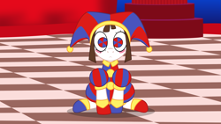 Size: 3511x1977 | Tagged: safe, alternate version, artist:badumsquish, derpibooru exclusive, imported from derpibooru, earth pony, pony, blush sticker, blushing, checkered floor, clothes, costume, crossover, female, hat, jester, jester hat, looking at you, mare, pomni, ponified, shoes, show accurate, sitting, solo, the amazing digital circus, this will end in insanity, thousand yard stare, wide eyes