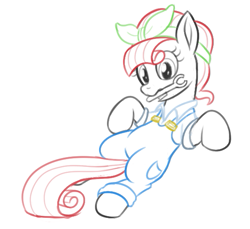 Size: 585x535 | Tagged: safe, artist:wapamario63, imported from ponybooru, torque wrench, earth pony, pony, atorqueable, bandana, clothes, cute, female, lying down, mare, mouth hold, overalls, shirt, simple background, sketch, solo, white background, wrench