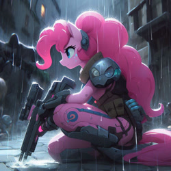 Size: 894x894 | Tagged: safe, artist:pianisti, imported from derpibooru, pinkie pie, anthro, cyborg, earth pony, pony, ai content, ai generated, armor, female, gun, mare, rain, solo, weapon