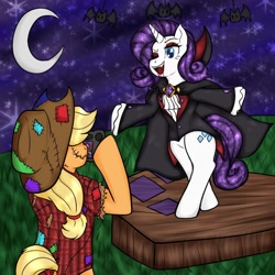 Size: 1280x1280 | Tagged: safe, artist:katie-kat-yo, imported from derpibooru, applejack, rarity, bat, earth pony, pony, undead, unicorn, vampire, vampony, alternate hairstyle, applejack's hat, bipedal, blood, blushing, camera, cape, clothes, coffin, cowboy hat, crescent moon, duo, eyeshadow, fangs, female, flannel, freckles, grass, hat, hay, lesbian, looking at each other, looking at someone, makeup, mare, moon, one eye closed, open mouth, prop, scarecrow, ship:rarijack, shipping, shirt, stage, stars, wink