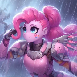 Size: 1024x1024 | Tagged: safe, artist:pianisti, imported from derpibooru, pinkie pie, human, equestria girls, ai content, ai generated, armor, clothes, female, rain, smiling, solo, suit