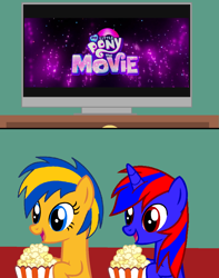 Size: 1192x1516 | Tagged: safe, artist:stephen-fisher, imported from derpibooru, oc, oc only, oc:flare spark, oc:stephen (stephen-fisher), my little pony: the movie, female, food, male, movie, popcorn