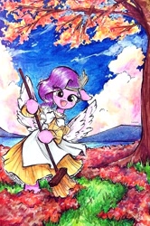 Size: 1574x2371 | Tagged: safe, artist:liaaqila, imported from derpibooru, pipp petals, pegasus, pony, autumn leaves, bipedal, broom, clothes, cute, g5, leaf, leaves, maid, open mouth, open smile, smiling, spread wings, traditional art, wings