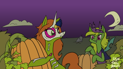 Size: 1920x1080 | Tagged: safe, artist:fishtaildraws, imported from derpibooru, oc, changeling, pony, unicorn, clothes, cosplay, costume, duo, female, halloween, halloween costume, holiday, mask, moon, pumpkin