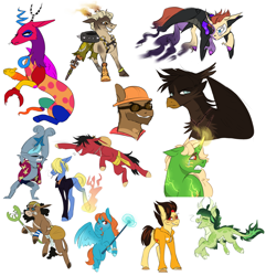 Size: 1280x1326 | Tagged: safe, artist:primrosepaper, imported from derpibooru, diamond dog, draconequus, dracony, dragon, earth pony, griffon, hybrid, pegasus, pony, unicorn, bust, clothes, covered eyes, diamond dogified, draconequified, engineer, female, fire, franky, goggles, grin, hard hat, hat, hoodie, hoof hold, junkrat, magic staff, male, mare, moira, monkey d. luffy, one piece, overwatch, ponified, simple background, smiling, species swap, stallion, the amazing digital cirus, usopp, vinsmoke sanji, white background, zooble