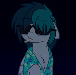 Size: 1600x1596 | Tagged: safe, artist:horyzen, imported from ponybooru, oc, oc:delta vee, pegasus, alternate design, alternate timeline, alternate universe, bags under eyes, chest fluff, clothes, female, hair covering face, hawaiian shirt, lolipop, messy hair, shirt, solo, sunglasses