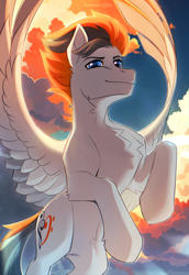 Size: 2480x3600 | Tagged: safe, artist:fenwaru, imported from derpibooru, oc, oc only, oc:sukko, pegasus, pony, belly, belly fluff, chest fluff, cloud, commission, looking at you, male, neck fluff, solo, spread wings, stallion, sunset, wings, ych result