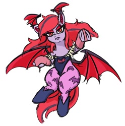 Size: 920x928 | Tagged: safe, artist:jargon scott, imported from derpibooru, oc, oc only, oc:arrhythmia, bat pony, pony, bat pony oc, bat wings, clothes, cosplay, costume, darkstalkers, female, looking back, mare, morrigan aensland, simple background, solo, white background, wings