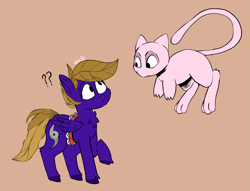 Size: 1933x1478 | Tagged: safe, artist:cozziesart, imported from derpibooru, oc, oc:wing front, mew, pegasus, brown mane, brown tail, hurricane, mythical pokémon, pegasus oc, poké ball, pokémon, purple fur, question mark, simple background, tail, wings