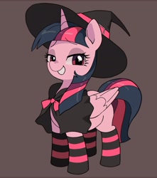 Size: 1945x2205 | Tagged: safe, artist:cheesesauce_45, imported from derpibooru, twilight sparkle, alicorn, pony, clothes, costume, cute, female, gray background, grin, halloween, halloween costume, hat, holiday, lidded eyes, looking at you, mare, simple background, smiling, smiling at you, socks, striped socks, twiabetes, twilight sparkle (alicorn), witch costume, witch hat