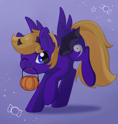 Size: 1306x1369 | Tagged: safe, artist:maravor, imported from derpibooru, oc, oc only, oc:wing front, demon, pegasus, :p, blue eyes, brown mane, brown tail, candy, clothes, costume, cute, fake horns, fake wings, food, halloween, halloween costume, holiday, jumping, nightmare night, one eye closed, pegasus oc, pumpkin bucket, purple fur, simple background, tail, tongue out, wings, wink