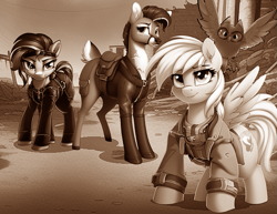 Size: 913x705 | Tagged: safe, editor:primortal, imported from derpibooru, oc, oc only, oc:bumpo the owl-bot, oc:ginger spring (fallout), oc:ivory gust, oc:wyld pyre, bird, deer, earth pony, owl, pegasus, pony, robot, fallout equestria, ai assisted, ai content, ai generated, armor, armored vest, bag, boots, clothes, courier, deer oc, earth pony oc, fallout, female, generator:novelai, generator:stable diffusion, group photo, group shot, jacket, jumpsuit, leather, leather boots, leather jacket, multiple characters, non-pony oc, owl-bot, paint.net, pegasus oc, photoshop, post-apocalyptic, raider, ruins, saddle bag, sepia, shoes, stable dweller, team, vault suit, war never changes, wasteland, wings, zipper