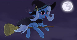 Size: 4096x2160 | Tagged: safe, artist:suryfromheaven, imported from derpibooru, trixie, pony, unicorn, broom, butt, cape, clothes, eyes closed, flying, flying broomstick, fog, halloween, hat, holiday, little witch academia, looking at you, magic, mlp fim's thirteenth anniversary, moon, night, plot, smiling, smiling at you, wand, witch, witch costume