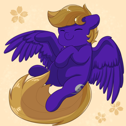 Size: 1920x1920 | Tagged: safe, artist:maravor, imported from derpibooru, oc, oc only, oc:wing front, pegasus, brown mane, brown tail, cute, eyes closed, flower, pegasus oc, purple fur, simple background, smiling, tail, wings