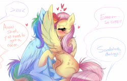 Size: 4678x3000 | Tagged: safe, artist:confetti-cakez, artist:confetticakez, imported from derpibooru, fluttershy, rainbow dash, pegasus, pony, blushing, cute, duo, duo female, eyes closed, female, g4, heart, high res, implied applejack, implied pinkie pie, implied rarity, implied twilight sparkle, kissing, lesbian, mare, one wing out, ship:flutterdash, shipping, simple background, sitting, white background, wings