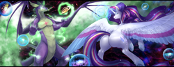 Size: 4500x1750 | Tagged: safe, alternate version, artist:nsfwbonbon, imported from derpibooru, rarity, spike, alicorn, dragon, pony, unicorn, adult, adult spike, alicornified, ascension enhancement, bigger than a galaxy, butt, claws, ethereal wings, female, frog (hoof), g4, giant pony, giant rarity, giant unicorn, giantess, glowing, glowing eyes, glowing horn, goddess, gradient eyes, high res, horn, large butt, large wings, letterboxing, lip bite, macro, magic, male, married couple, mega giant, mega rarity, mega spike, older, older spike, planet, plot, pony bigger than a planet, race swap, rainbow power, raricorn, runes, scales, ship:sparity, shipping, smiling, smirk, space, straight, underhoof, wide hips, wing claws, winged spike, wings