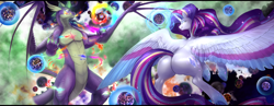 Size: 4500x1750 | Tagged: safe, alternate version, artist:nsfwbonbon, imported from derpibooru, rarity, spike, alicorn, dragon, pony, unicorn, adult, adult spike, alicornified, ascension enhancement, bigger than a universe, butt, claws, ethereal wings, female, frog (hoof), g4, giant pony, giant rarity, giant unicorn, giantess, glowing, glowing eyes, glowing horn, goddess, gradient eyes, high res, horn, large butt, large wings, letterboxing, lip bite, macro, magic, male, married couple, mega giant, mega rarity, mega spike, older, older spike, planet, plot, pony bigger than a planet, race swap, rainbow power, raricorn, runes, scales, ship:sparity, shipping, smiling, smirk, space, straight, underhoof, wide hips, wing claws, winged spike, wings