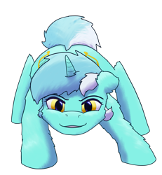 Size: 1703x1844 | Tagged: safe, artist:gosha305, imported from derpibooru, lyra heartstrings, pony, unicorn, action pose, ass up, cheek fluff, female, floppy ears, full body, glare, grin, horn, looking at you, mare, multicolored hair, pounce, simple background, smiling, solo, transparent background