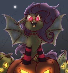 Size: 1120x1198 | Tagged: safe, artist:sonyager, imported from derpibooru, fluttershy, bat pony, pony, undead, vampire, accessory, bat ponified, clothes, cute, female, flutterbat, halloween, holiday, jack-o-lantern, looking at you, mare, pumpkin, race swap, simple background, slit pupils, smiling, smiling at you, socks, solo