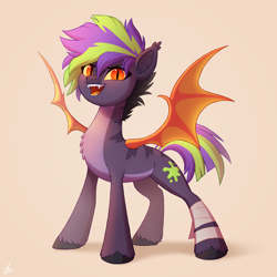 Size: 2000x2000 | Tagged: safe, artist:luminousdazzle, imported from derpibooru, oc, oc only, oc:ectoplasm, bat pony, pony, bandage, cutie mark, fangs, female, looking at you, mare, open mouth, short mane, short tail, simple background, slit pupils, solo, spread wings, stripes, tail, unshorn fetlocks, wings