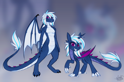 Size: 5400x3600 | Tagged: safe, artist:scarlet-spectrum, imported from derpibooru, oc, oc only, oc:snowy smarty, dracony, dragon, hybrid, pony, unicorn, abstract background, dracony oc, dragon wings, dragoness, duo, duo female, eyebrows, eyebrows visible through hair, female, horn, looking at you, smiling, smiling at you, unicorn oc, wings