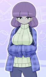 Size: 1245x2048 | Tagged: safe, artist:batipin, imported from derpibooru, maud pie, human, equestria girls, breasts, busty maud pie, clothes, eyeshadow, female, food, fruit, jinbei, lidded eyes, long sleeves, looking at you, makeup, pants, pockets, smiling, smiling at you, solo, sweater, table, tea, window