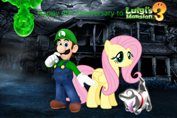 Size: 3000x2000 | Tagged: safe, artist:dashiesparkle, artist:user15432, imported from derpibooru, fluttershy, ghost, human, pegasus, pony, undead, anniversary, crossover, ghost dog, gooigi, happy anniversary, haunted house, haunted mansion, image, looking at you, luigi, luigi's mansion, luigi's mansion 3, moon, png, polterpup, smiling, smiling at you, super mario bros.