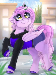 Size: 1125x1500 | Tagged: safe, artist:taiweiart, imported from derpibooru, oc, oc only, lizard, pony, unicorn, building, clothes, female, hoodie, mare, pants, puddle, solo