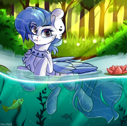 Size: 1935x1916 | Tagged: safe, artist:yuris, imported from derpibooru, lily, lily valley, oc, fish, pegasus, pony, algae, blood, bush, ears up, forest, looking at you, smiling, solo, trade, tree, water