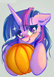 Size: 935x1323 | Tagged: safe, artist:chaosangeldesu, imported from derpibooru, twilight sparkle, pony, unicorn, cute, female, looking at you, mare, pumpkin, smiling, smiling at you, solo, unicorn twilight